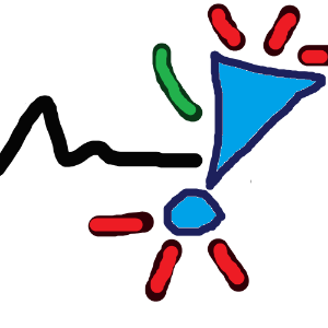 A black squiggle to the left, indicating text, and a large, italicized, blue exclamation mark with red emphasis marks above and below, and a green curve to the left of the exclamation mark, indicating the tilt.